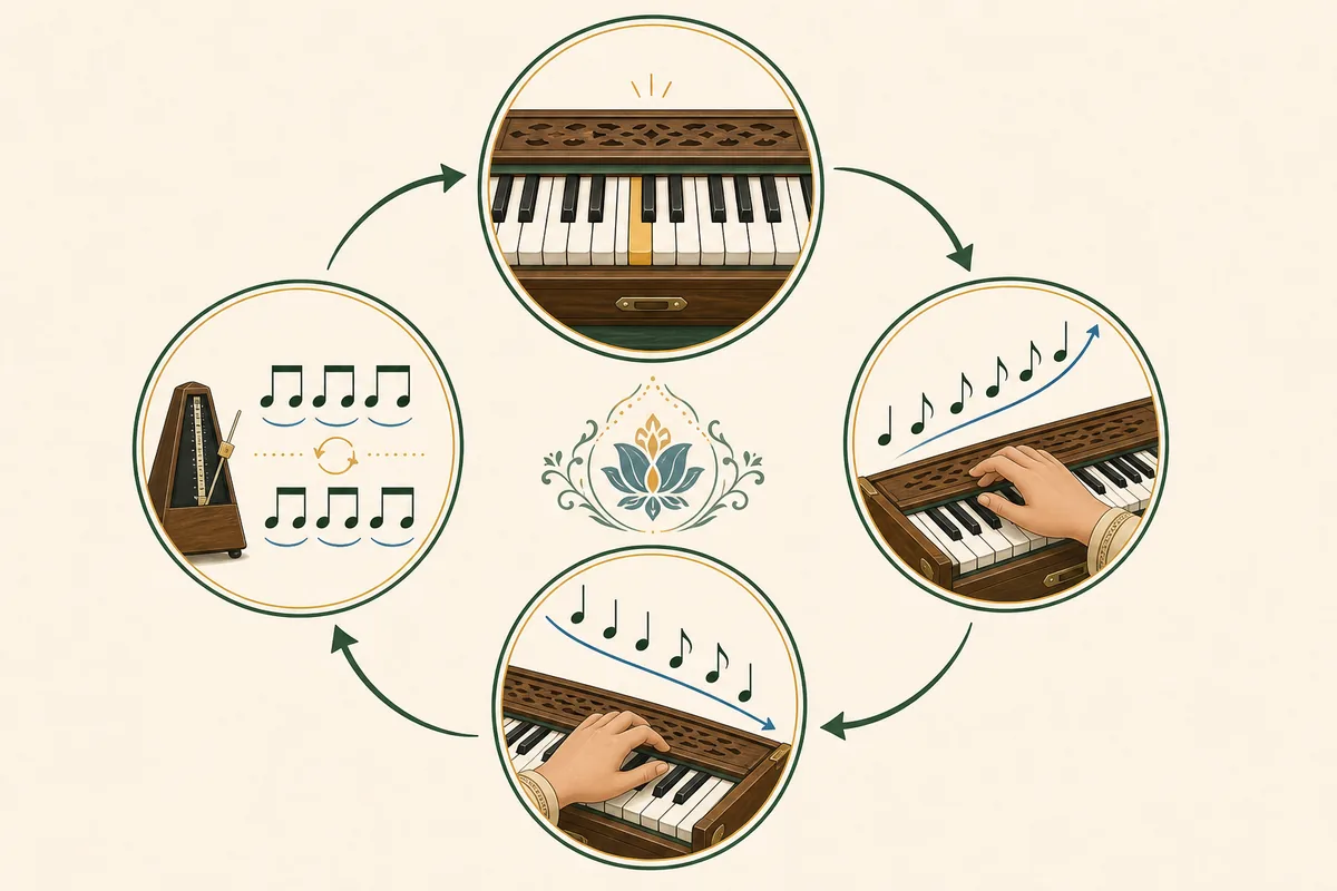 Four-stage daily cycle for harmonium Alankar practice
