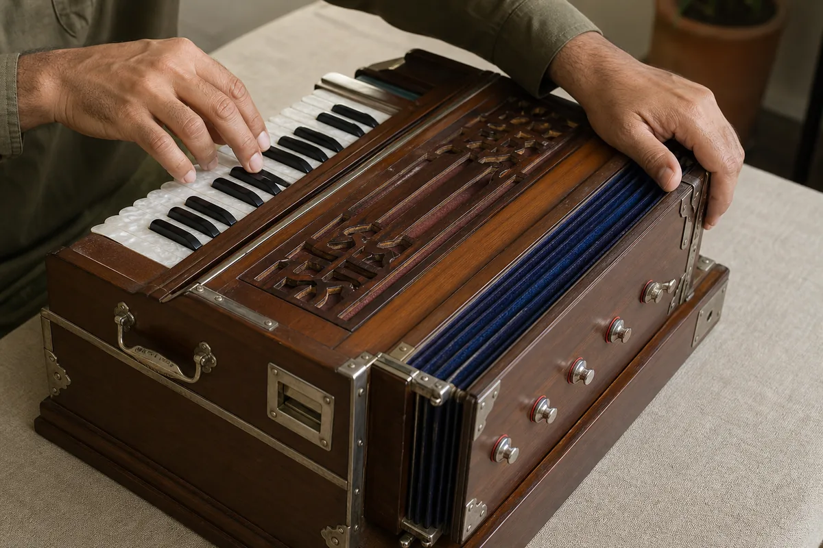 Hands checking harmonium keys, bellows, stops, and case hardware