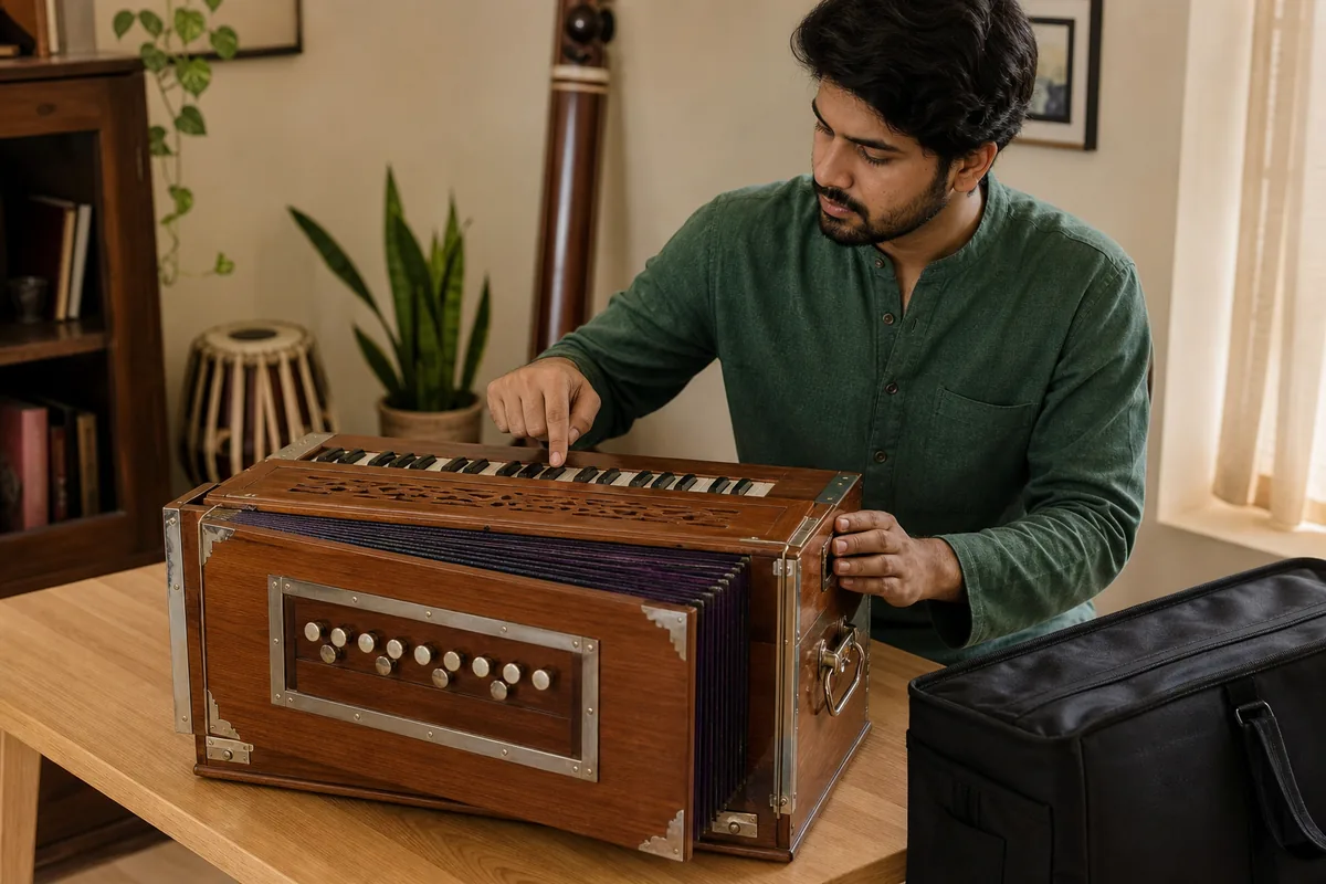 Beginner inspecting a wooden Indian harmonium and its portable case