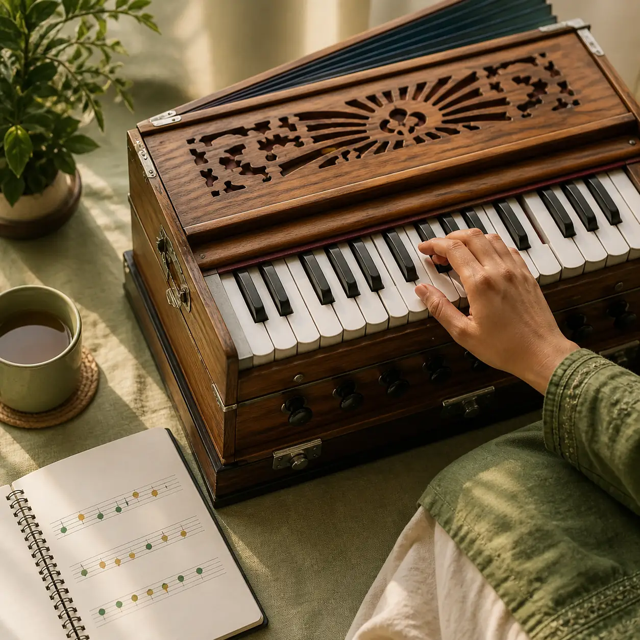 Learner playing a wooden harmonium beside a simple melody notebook