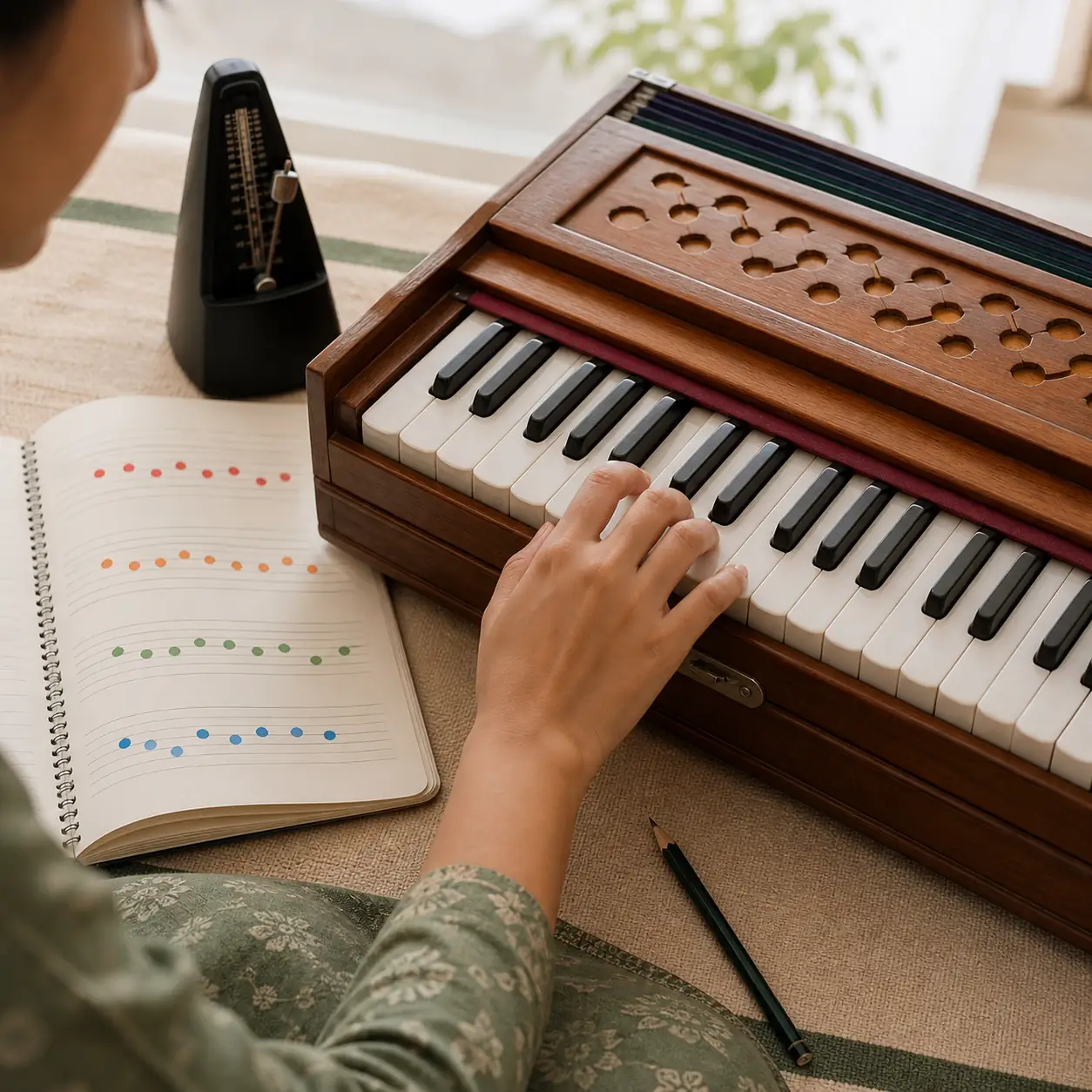 Right hand practicing short melody phrases on a harmonium beside a metronome