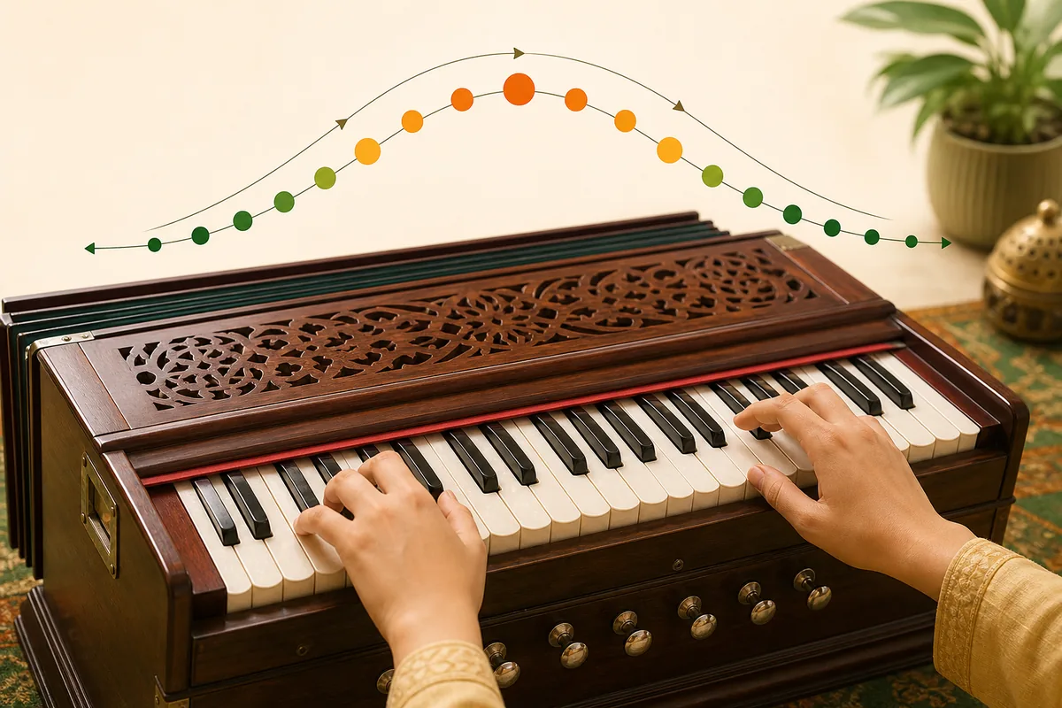 Learner practicing ascending and descending harmonium alankar exercises