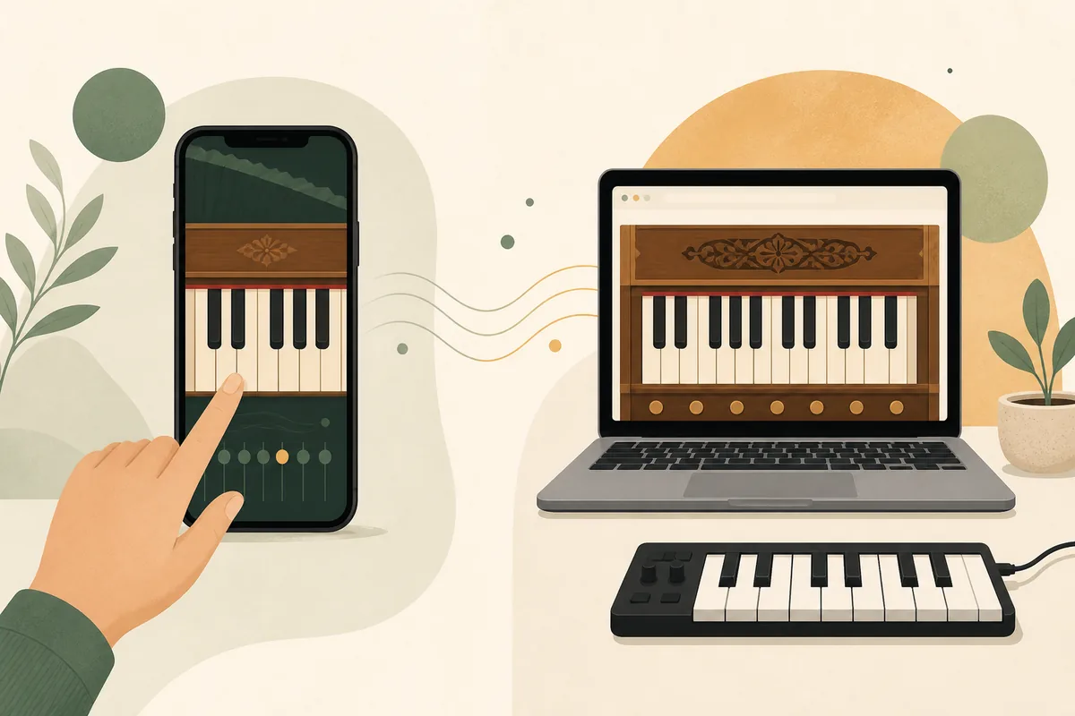 Editorial comparison illustration showing a phone harmonium app, browser harmonium, and MIDI keyboard