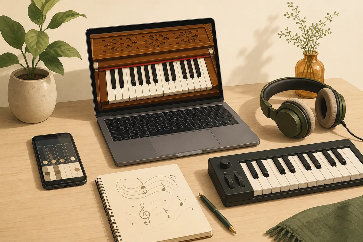 Editorial illustration of a laptop, phone, headphones, and MIDI keyboard used for harmonium practice
