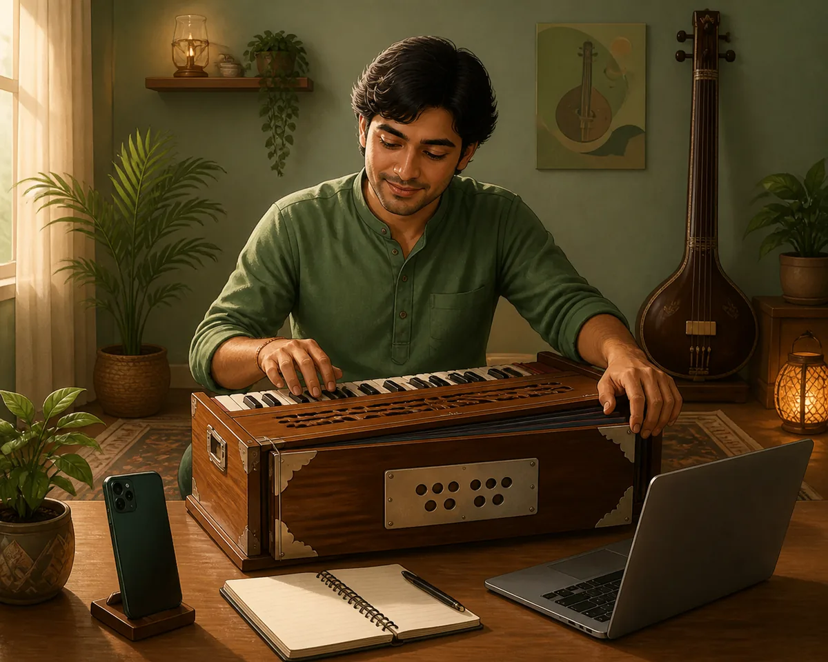 Editorial illustration of a learner comparing a physical harmonium, phone, and laptop
