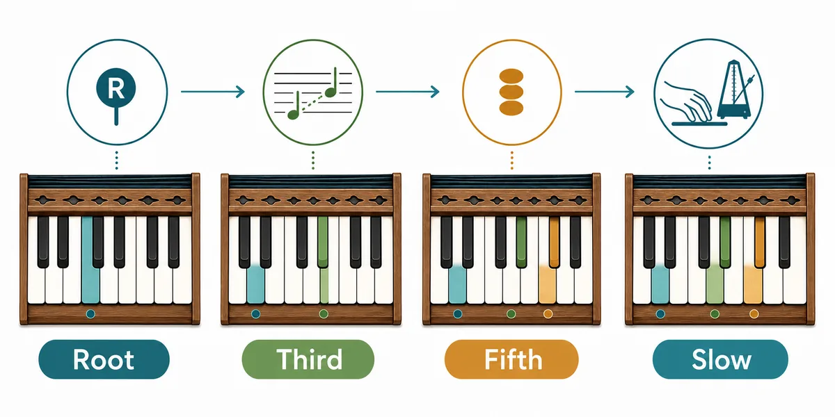 Four-step harmonium chord practice flow showing root, third, fifth, and slow playing