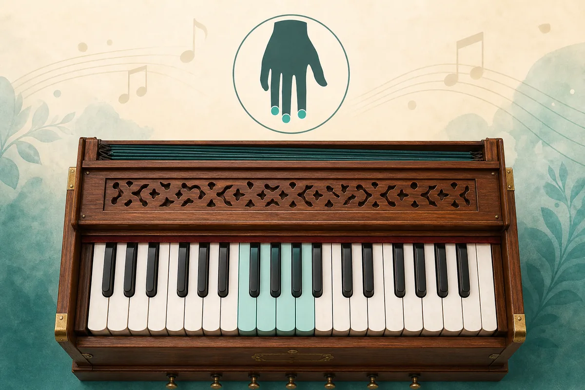 Harmonium keyboard with a beginner triad highlighted for chord practice