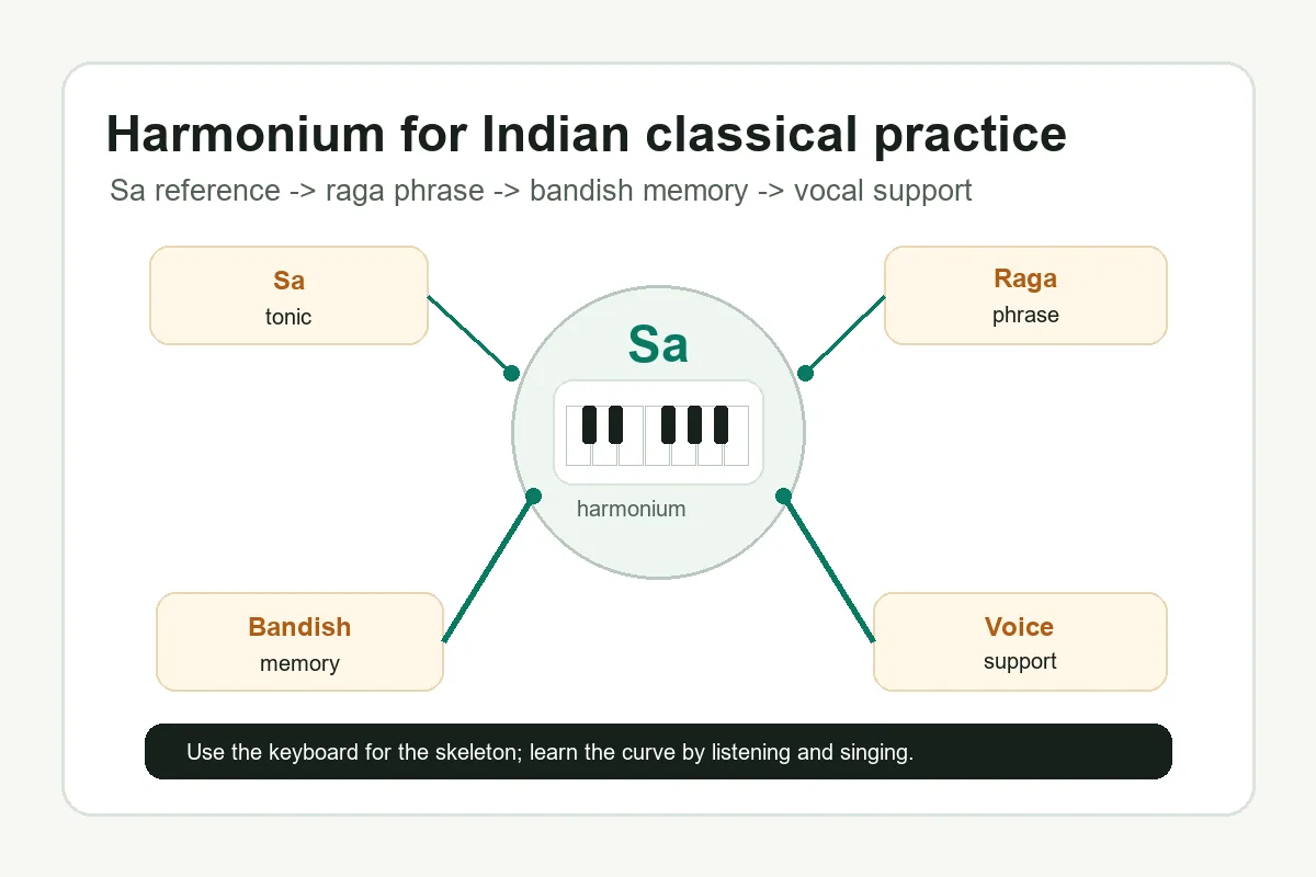 Diagram showing harmonium support for Sa, raga phrase practice, bandish rehearsal, and vocal accompaniment