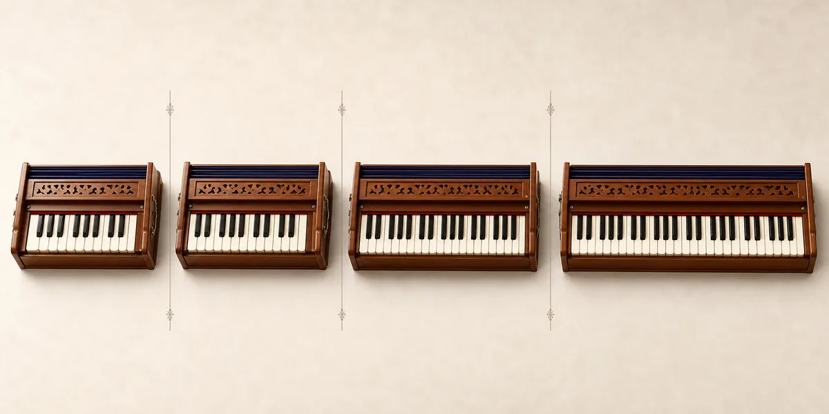 Four harmonium keyboard sections shown from shorter to longer ranges