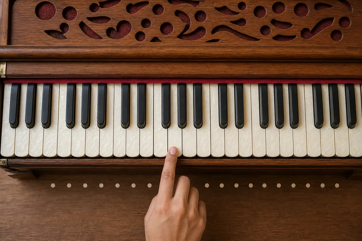 A fingertip tracing harmonium keys from left to right while counting them