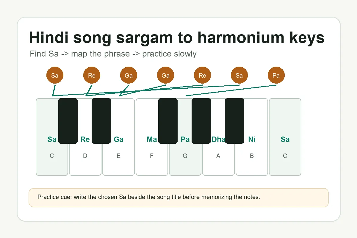 Harmonium keyboard with Hindi song sargam notes mapped to key positions