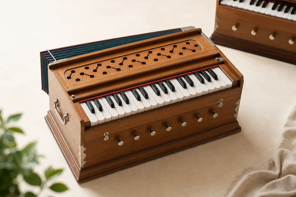 Wooden harmonium with its keyboard clearly visible for a key-count guide