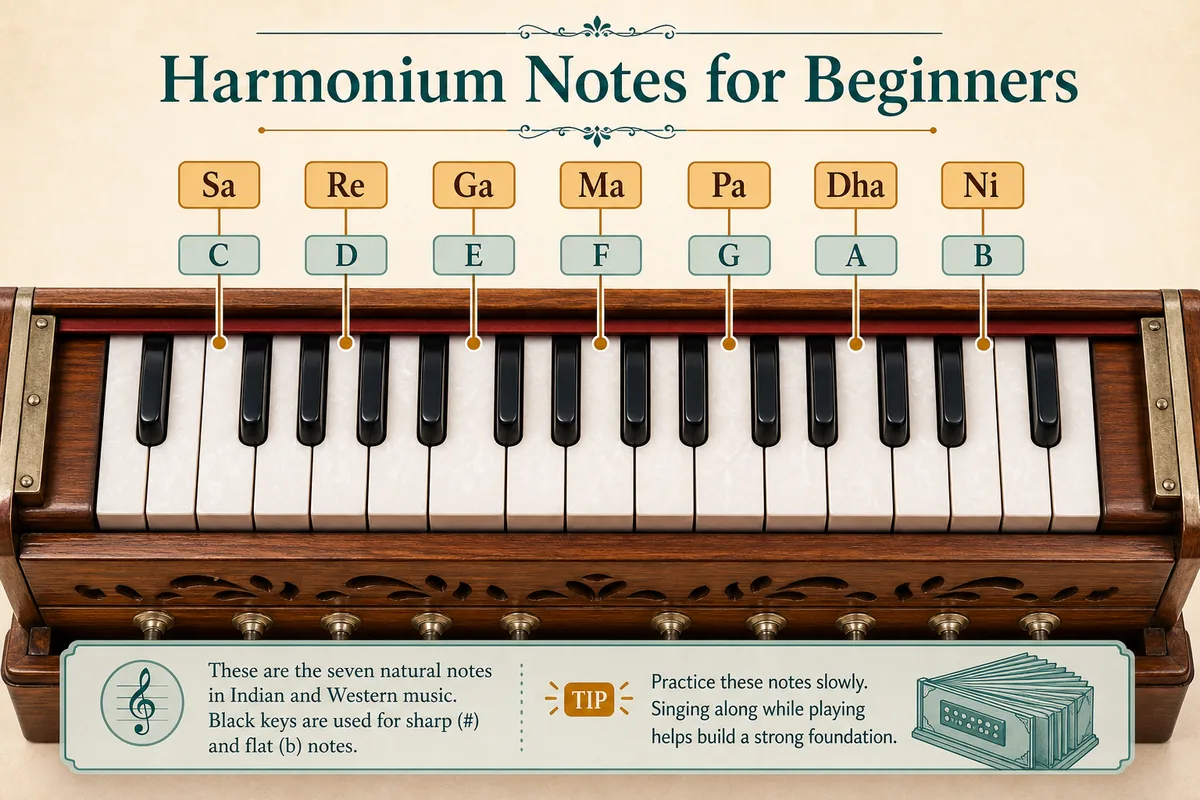 Harmonium keyboard note chart showing Sa Re Ga Ma and western notes for beginners