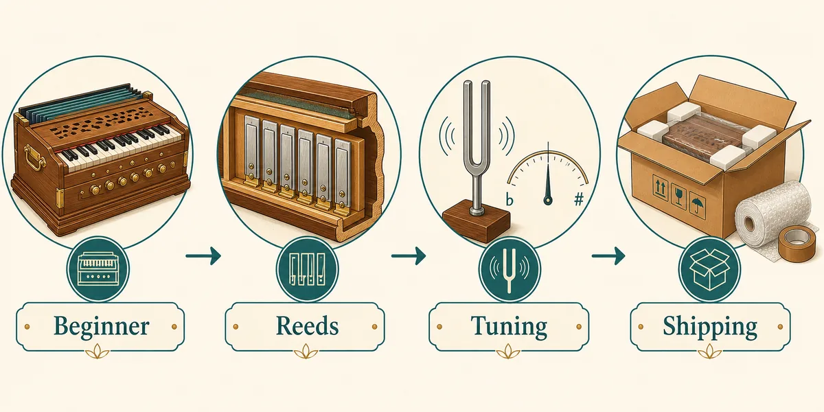 Harmonium budget checklist showing beginner model, reeds, tuning, and shipping
