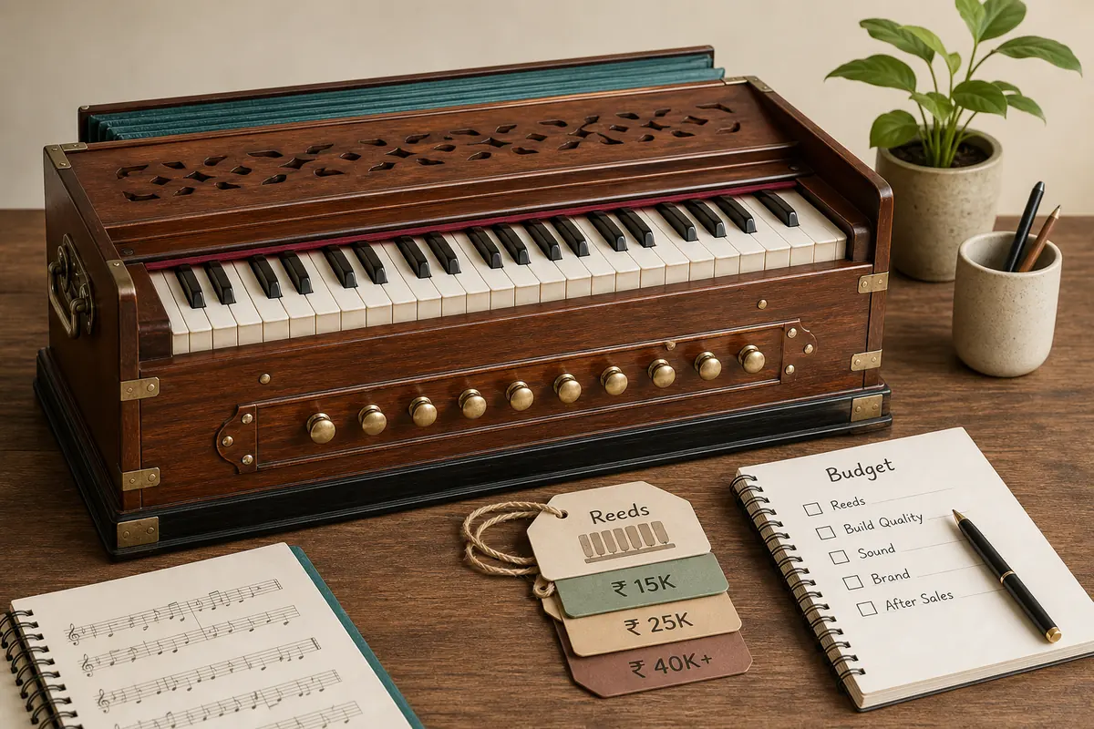 Wooden harmonium with budget tags and a buying checklist