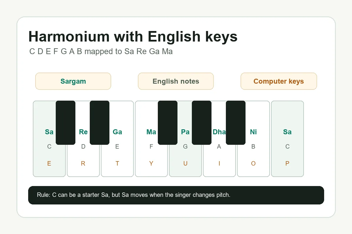 Harmonium keyboard diagram mapping English keys C D E F G A B to Sa Re Ga Ma Pa Dha Ni