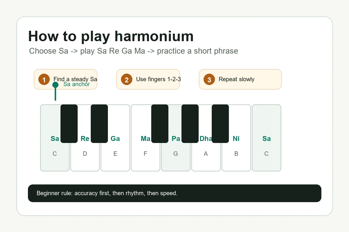 Beginner harmonium keyboard lesson showing Sa Re Ga Ma, finger steps, and slow practice