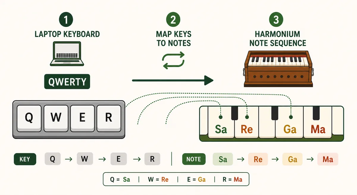 QWERTY keys mapped to harmonium note practice on a laptop