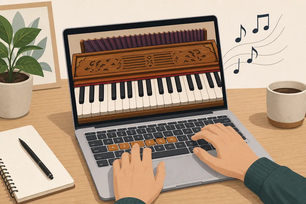 Laptop showing an online harmonium keyboard for QWERTY practice