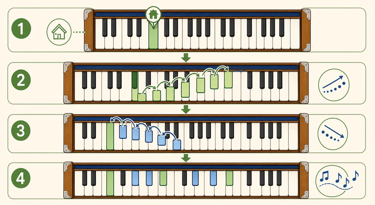 Four-step harmonium sargam practice flow