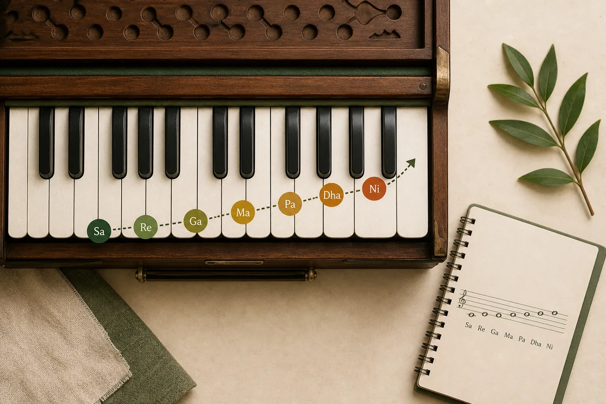 Sargam notes for harmonium shown on a keyboard path