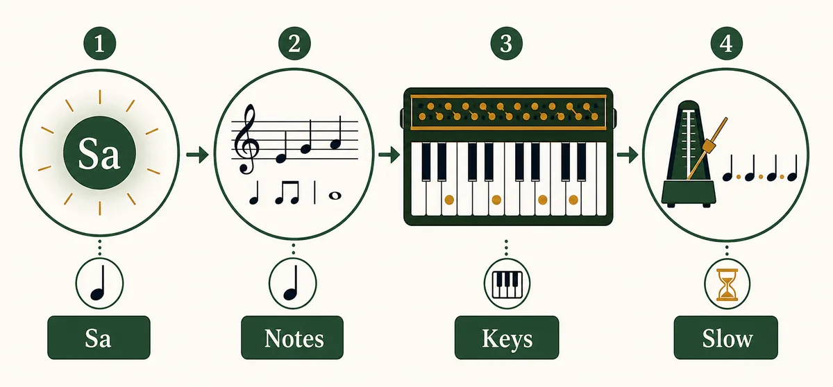 Song-note workflow diagram connecting notation, Sa choice, phrase practice, and recording check