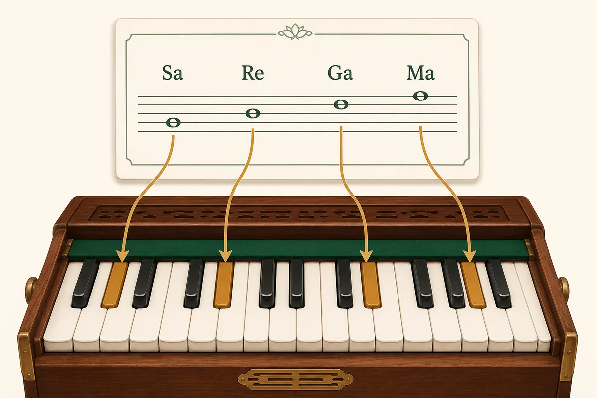 Harmonium keyboard with Sa Re Ga Ma song notes mapped to keys